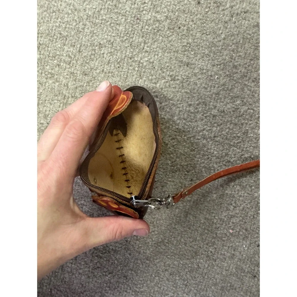 Handmade Brown Leather Teddy Bear Coin Purse Wristlet Small Zip‎ Pouch Kids